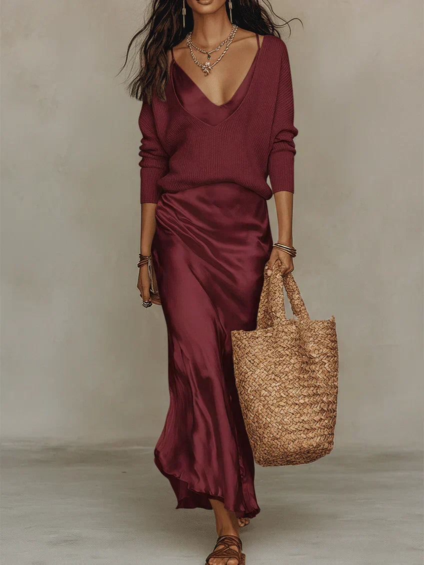 Maëlle – Robe midi satinée avec maille assortie