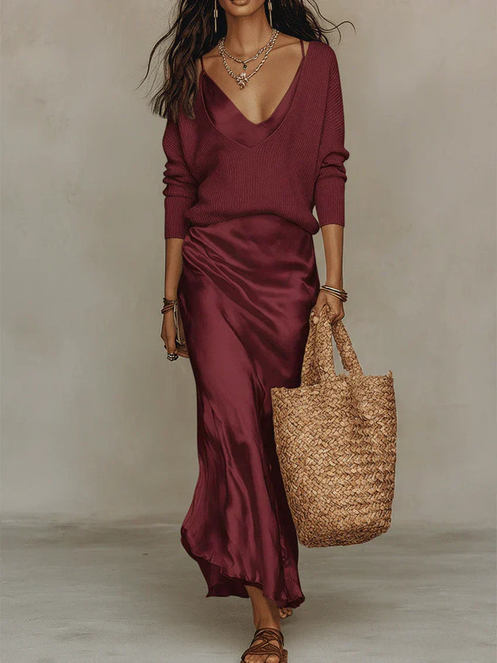 Maëlle – Robe midi satinée avec maille assortie