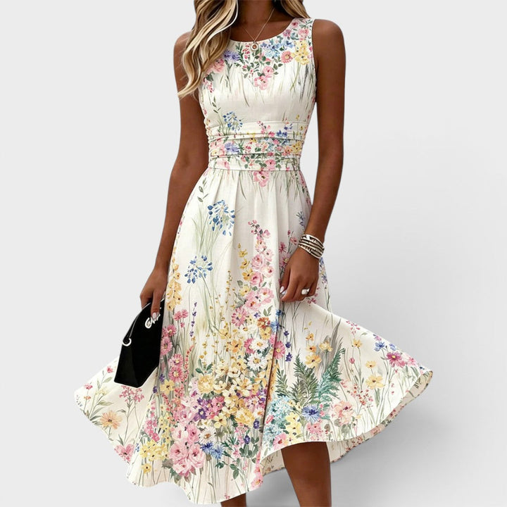 Céleste | Robe Midi Fleurie Sans Manches