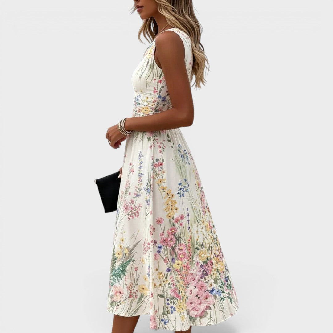 Céleste | Robe Midi Fleurie Sans Manches